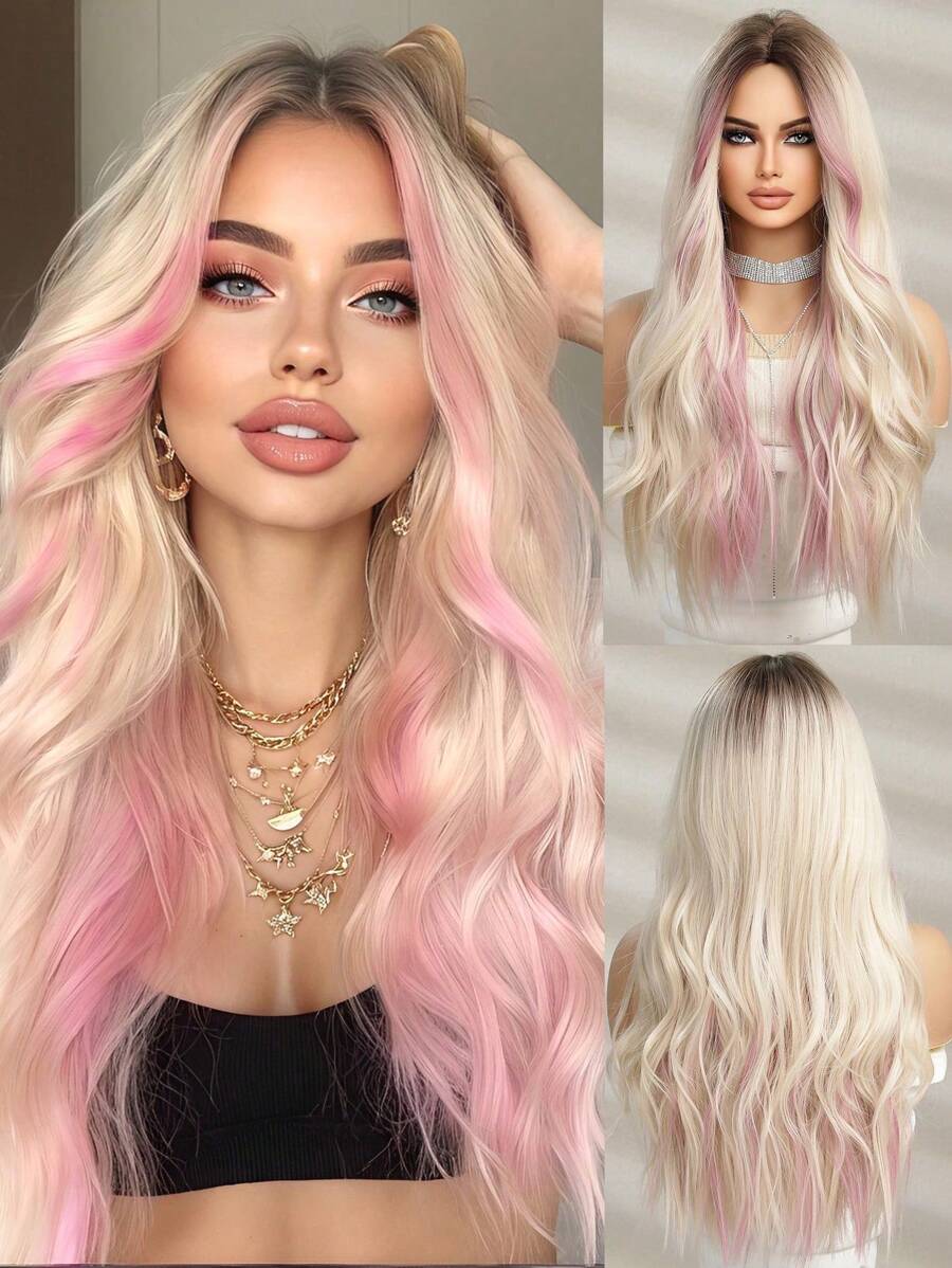 Fashionable 26-Inch Pink Highlights Curly Hair With Medium Parting Synthetic Wigs: Natural-Looking And Heat Resistant For Party Cosplay Daily Use - Pink Highlight - View 1