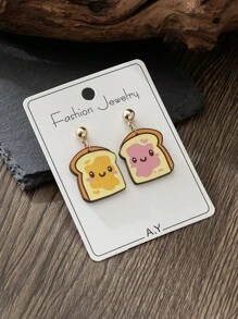 1 对女士木制食物系列耳环，可爱的面包设计，轻巧，适合日常佩戴，四季礼物