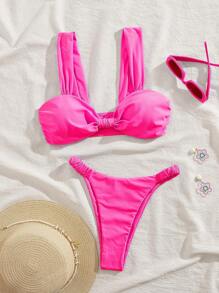 New Solid Color Soft Padded Wide Strap Pleated Sexy Bikini Set, Summer Beach Fashion Swimwear For Women