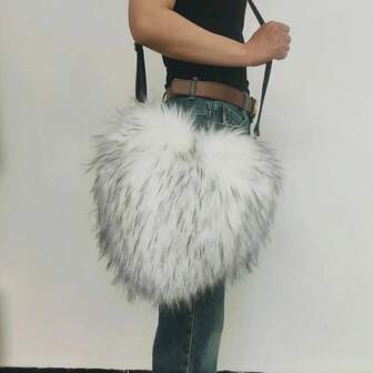 欧美时尚心形斜挎包女士仿皮草包毛茸茸Y2K单肩包可调节肩带卡其色和棕色新款皮草钱包