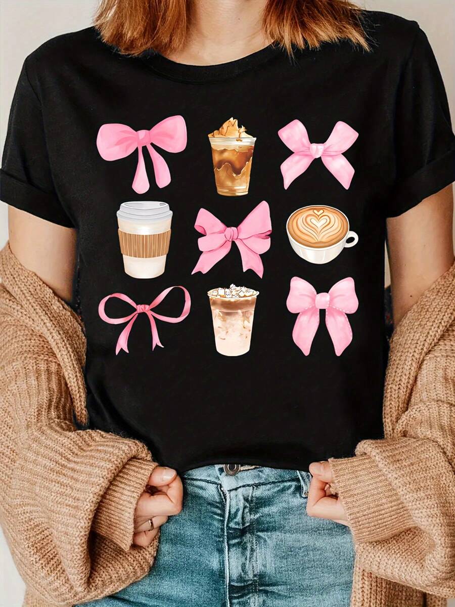 Camiseta Casual de Verano para Mujeres en Gris Claro con Lazo Rosa y Estampado de Taza de Café, Cuello Redondo, Ajuste Holgado, Mezcla de Poliéster - Lavable aáquina - Negro - Ver 1