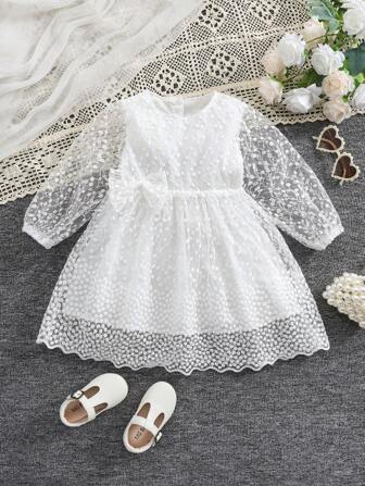 1pc Young Girl Embroidered Bow Decor Hollow Lace Dress, Loose Princess Dress Summer, Birthday Party Outfit