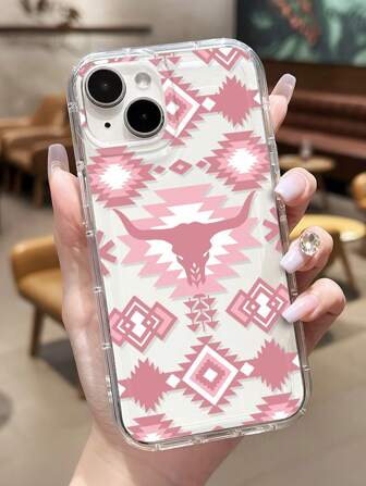 1 pieza Funda de teléfono suave con patrón geométrico de hueso de toro occidental en color rosa, compatible con iPhone 11/12/13/14/15/16 Pro Max, resistente al agua, a los golpes y a los arañazos