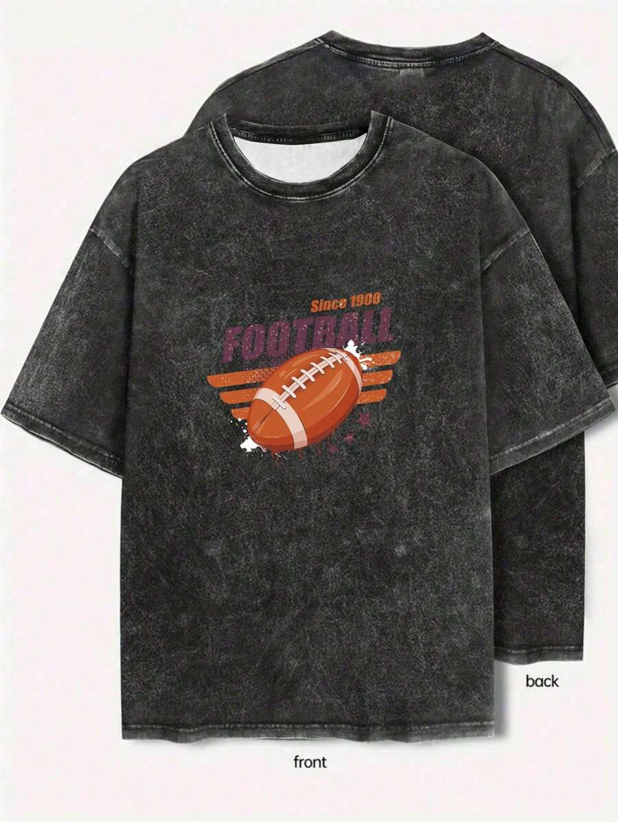 1 件复古破旧图案印花 T 恤，适合男孩和青少年，户外夏季休闲街头装 - 深灰色 - 查看 1