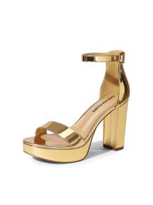Women Platform Chunky High Heeled Sandals Ankle Strap Open Toe 4-Inch Block Heels Dress Shoes For Wedding Party Evening - Vàng - Xem 4