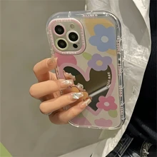 防震镜面元素时尚花朵心形手机壳,可作化妆镜使用,兼容 16/7/8/11/12/13/14/15/X/XR/Xs/Plus/Pro/Pro Max/SE2,防水、防震、防摔、防刮,春季派对礼物 - 無色 - 查看 10