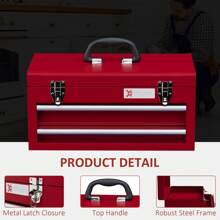 DURHAND 2 Drawer Tool Chest, Lockable Metal Tool Box With Ball Bearing Runners, Portable Toolbox, 460mm X 240mm X 220mm, Red - Red - View 4