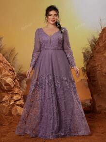 Vestido de noche de alta gama de manga larga con cuello en V, bordado de encaje, decoración de strass y perlas, para eventos, fiestas, invitados de boda, vestido formal, vestido de noche, talla grande