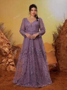 Vestido de noche de alta gama de manga larga con cuello en V, bordado de encaje, decoración de strass y perlas, para eventos, fiestas, invitados de boda, vestido formal, vestido de noche, talla grande