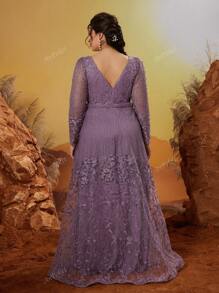 Vestido de noche de alta gama de manga larga con cuello en V, bordado de encaje, decoración de strass y perlas, para eventos, fiestas, invitados de boda, vestido formal, vestido de noche, talla grande