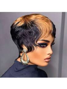 女士时尚短发假发 - 无胶巴西真人头发，黑色带棕色挑染，短直发带刘海，180% 密度，全机器制作，无蕾丝前部 - 間色 - 查看 2