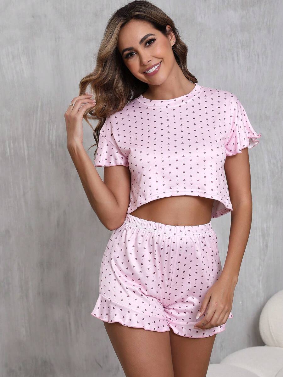 女士荷叶边下摆心形印花圆领短袖短裤 2 件套休闲睡衣套装，适合春夏秋季，两件套