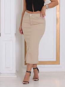 Women Denim Skirts - Beige - View 4