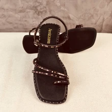 Amizzara Women's Flat Sandals Exclusive Adjustable Shiny Rhinestone Straps Colorful Comfortable Casual - 黑色 - 查看 3