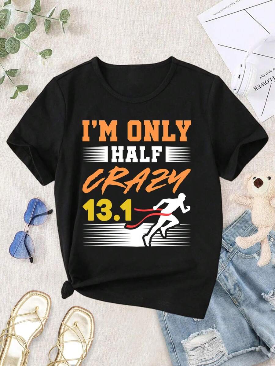 Funny Half Marathon Finisher Women's T-Shirt - Only Half Crazy Running Gift - Black - View 1