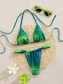 PEPPERMOLLY 全新渐变色吊带露背优雅派对迷你三角比基尼套装，夏季海滩时尚女士泳装