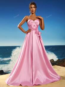 Toosun Women Elegant Solid Color 3D Floral Decor Backless Halter Formal Evening Gown, Party Dress, Wedding Guest Dress, Evening Dress
