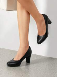 Women's High Chunky Rounded Toe Pumps Block Heels Closed Toe  Solid Color Comfortable Slip On Work Shoes - 黑色 - 查看 1