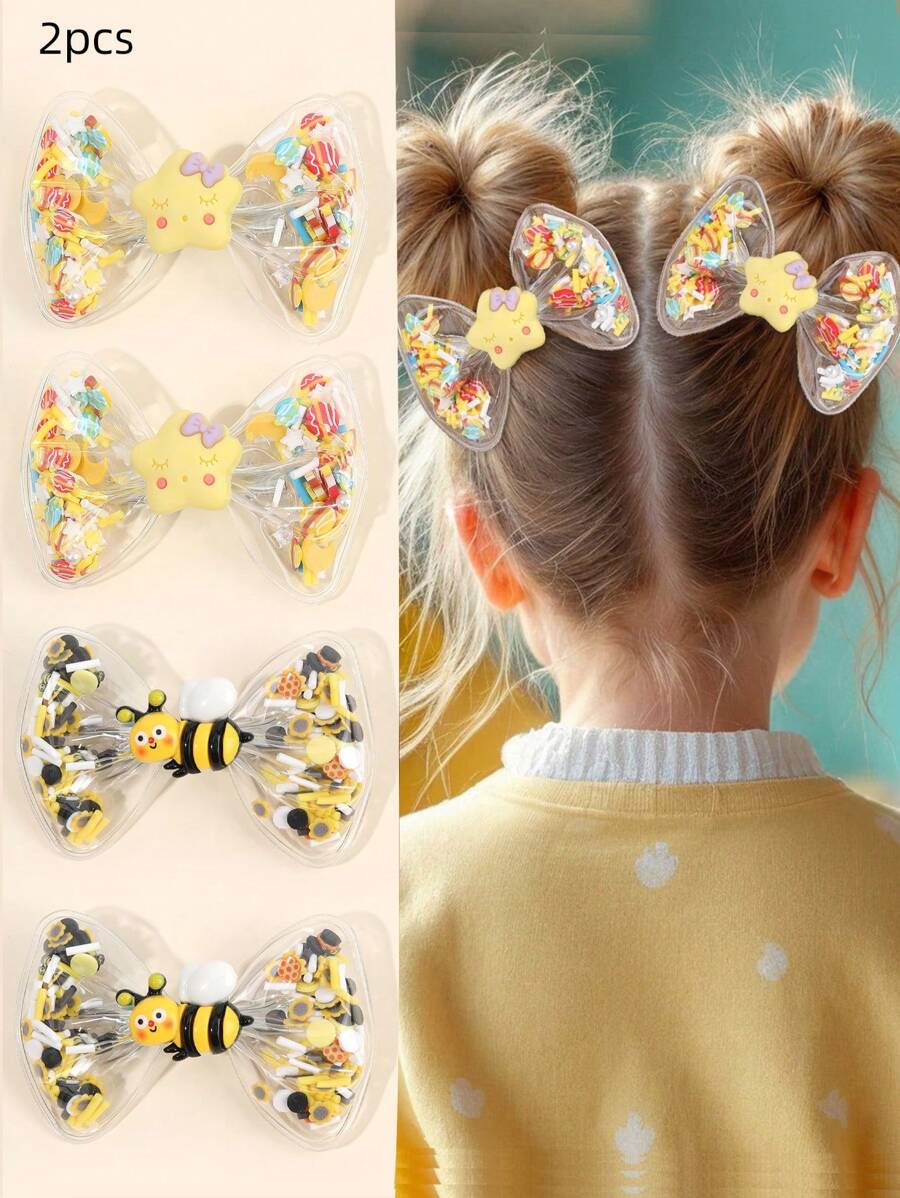 2 件黄色蝴蝶结发夹，儿童布艺星星和月亮蜜蜂装饰蝴蝶结发夹，时尚鳄鱼夹幼儿发饰复活节派对礼物 - 彩色 - 查看 1