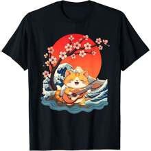 Cat Playing Guitar Japanese Kanagawa Wave Kawaii Cat T-Shirt