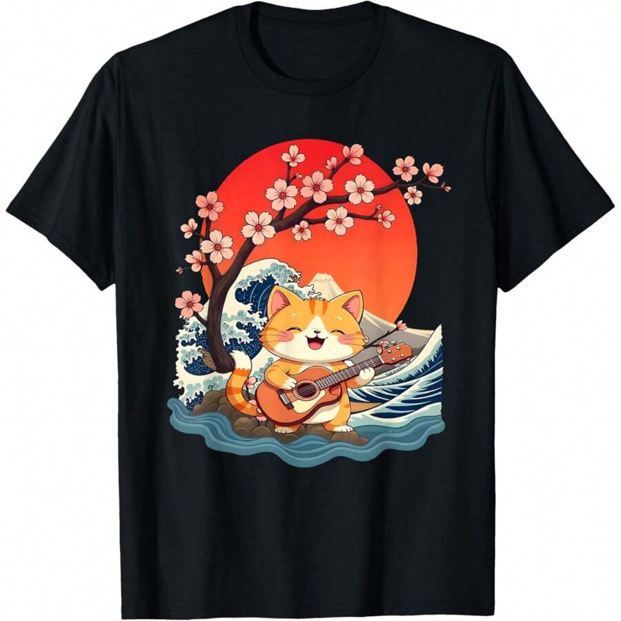 Cat Playing Guitar Japanese Kanagawa Wave Kawaii Cat T-Shirt
