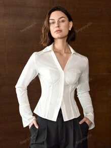 Women's Solid Color Single-Breasted Long Sleeve Shirt, Old Money Style Top, Summer