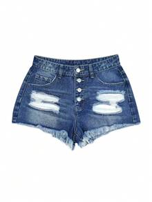 Women's Multiple Button Fly Pockets Distressed Denim Shorts - Blue - View 5