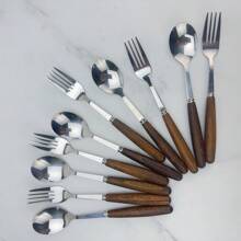 4/6/10-delige roestvrijstalen bestekset met houten handvat, soeplepel en vorkset, 2/10-persoons bestek, zilveren spiegelgepolijste en matte serviesset, geschikt voor restaurants en thuisgebruik, schoolbenodigdheden