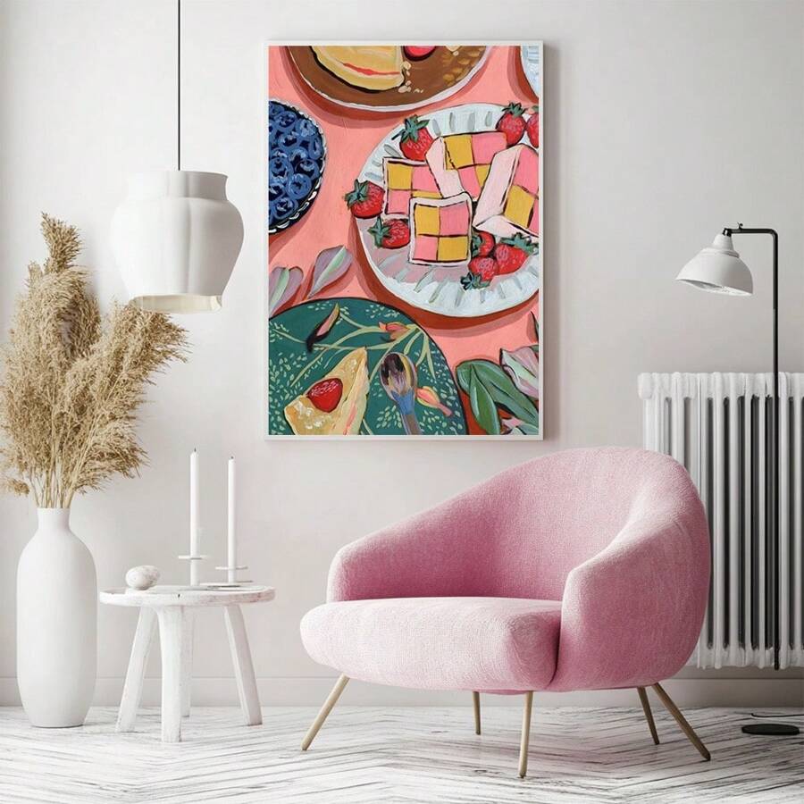 1pc Matisse-Style Food Oil Painting, Abstract Watercolor Dessert & Strawberry Cake Artwork, Vintage Oil Painting Decor, Breakfast/Afternoon Tea Food Art Poster, Suitable For Living Room, Dining Room, Kitchen, Restaurant, Cafe Walls, Room Decor And Wall Art, Unframed