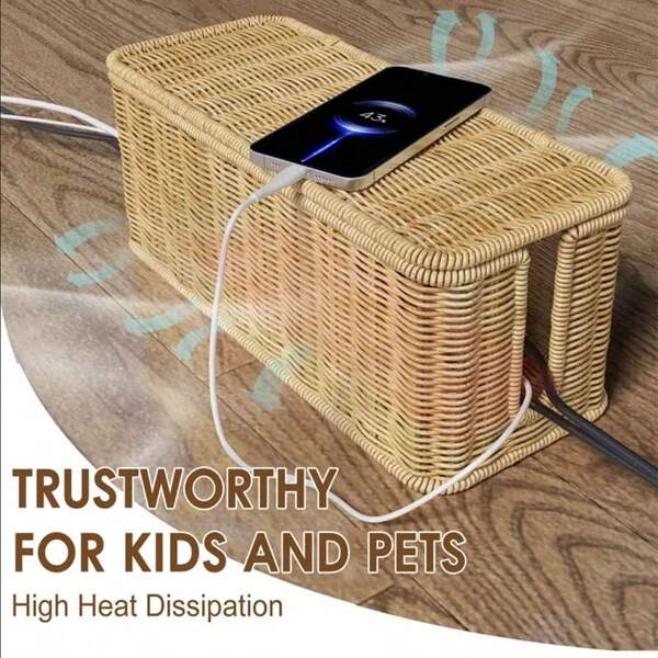 1pc Handwoven Rattan Power Strip Storage Box - Handmade Storage Box With Durable Material And Breathable Design, Storage Solution For Home And Office Desks, Gift For Family And Friends