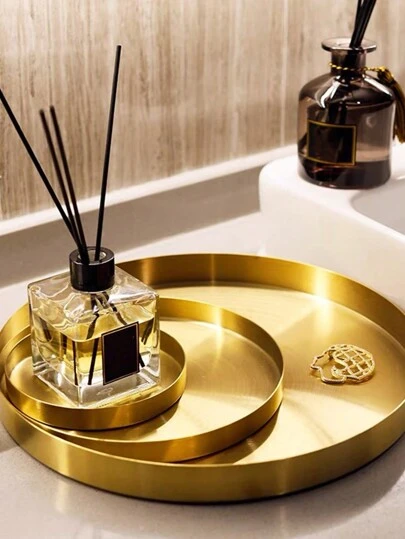 1pc Simple Iron Round Tray - Elegant Black & Gold Color, Ideal For Jewelry, Cosmetics Storage & Home Decor - Versatile Use On Coffee Table, Bathroom Vanity, Or Plant Display, Cosmetics Holder, Sleek Black Tray, Iron Construction, Vanity Tray