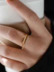 1 件简约 S925 纯银镀 14K 金几何戒指微镶嵌锆石开口戒指适合女孩/女士/女友/母亲派对约会礼物日常佩戴生日礼物 - 金色 - 查看 5