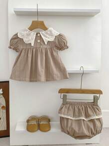 2 件套女婴蕾丝领短袖套装，夏季新品