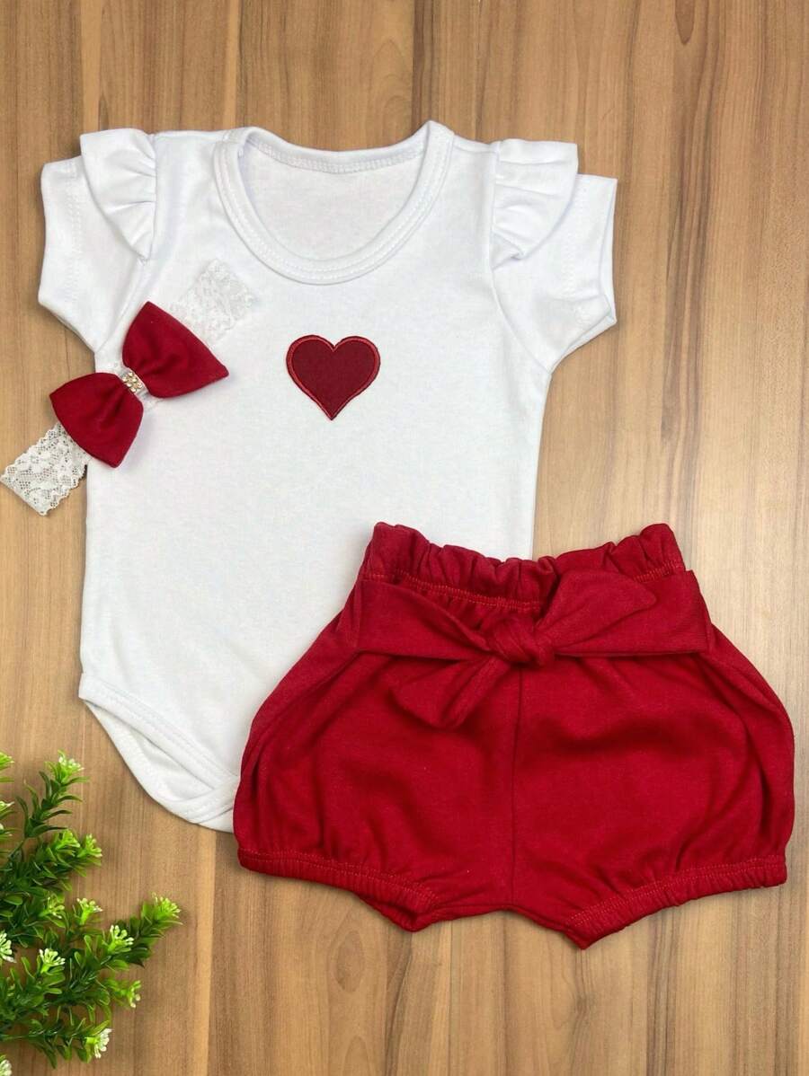 Baby Girl Set Bodysuit + Shorts + Headband - Red - View 1