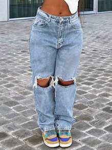 Street Style Y2k New Hot Selling Loose Casual All-Match Slimming Knee Hole Slim Straight Tapered Jeans Mom Denim Pants - 淺色水洗藍 - 查看 2