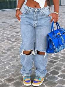 Street Style Y2k New Hot Selling Loose Casual All-Match Slimming Knee Hole Slim Straight Tapered Jeans Mom Denim Pants - 淺色水洗藍 - 查看 5