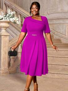 Vestido de línea A elegante, diseño de cuello asimétrico, talla grande, adecuado para diversas ocasiones como eventos, reuniones de la iglesia, trabajo, negocios, ropa formal de moda para mujeres - rosa roja - Ver 8