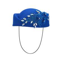 Women Vintage Church Hats Diamond Flower Applique Felt Pillbox Hats Fascinator Tea Party Hats - Blue - View 2