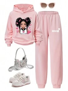 Bộ 2 món gồm áo hoodie dài tay in hình trái tim và quần dài cho bé gái, trang phục thể thao thường ngày, phù hợp cho mùa xuân/thu, món quà tuyệt vời cho bé gái khi đi dã ngoại. - Hồng - Xem 1