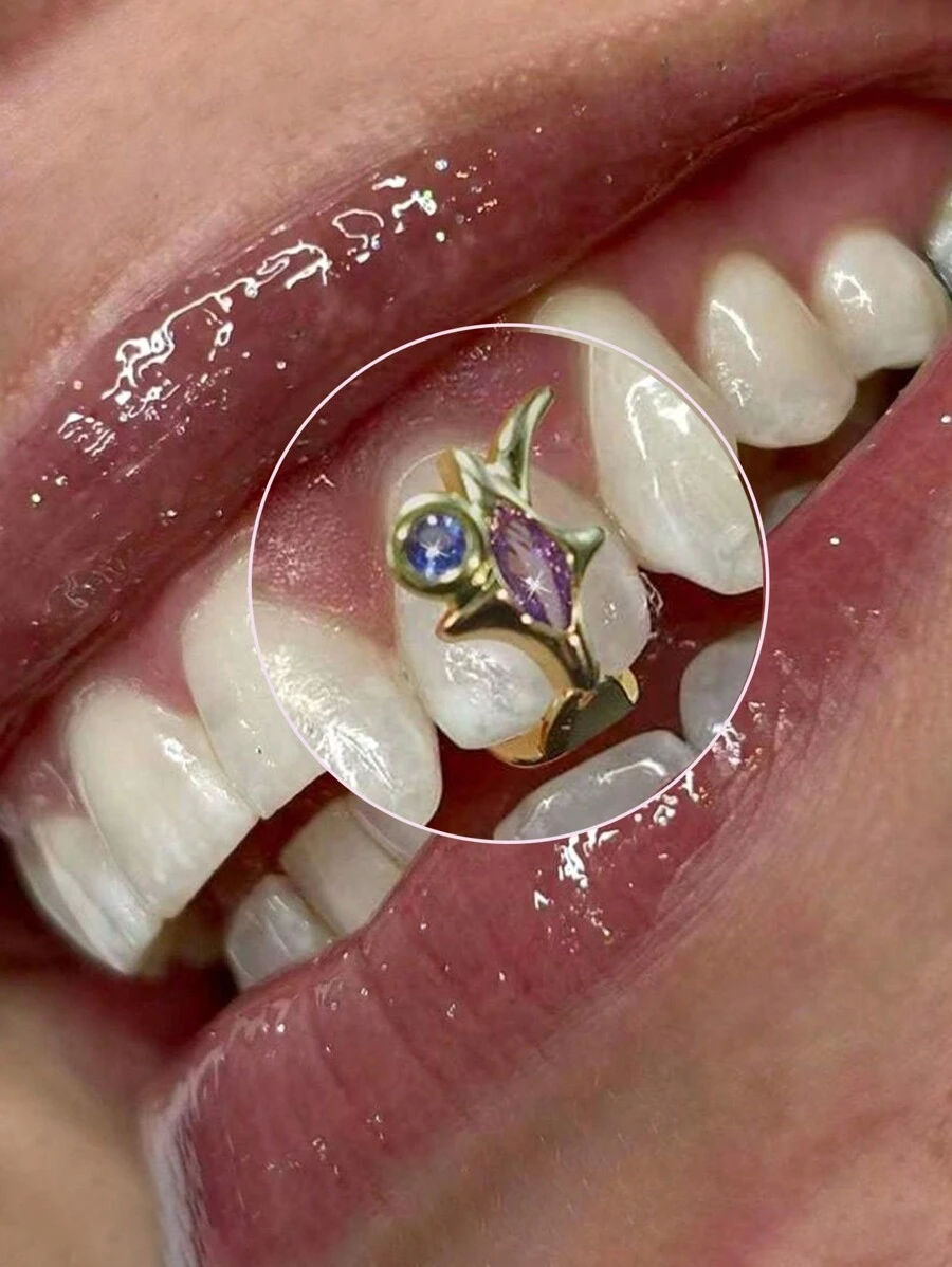 1 件 Hip Hop 性感风格单齿牙套，Hip Hop 锆石形状单齿牙套，紫色和蓝色立方体合成镀金，男女通用时尚 - 彩色 - 查看 1