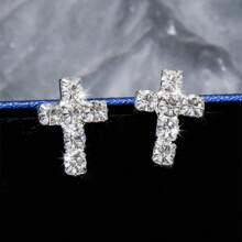 1 Pair Minimalist Fashion Elegant Sparkling Diamond Cross Stud Earrings, Versatile For Daily Wear