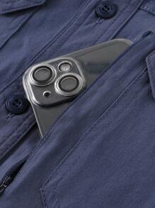 LEDUNTINO [Spring/Summer] Men's Fashion Button Casual Outdoor Shirt, Solid Green, Sports, Cargo, Husband, Boyfriend Gift, Men's Long Sleeve Shirt, Multi-Pocket, Elastic, Lapel Shirt With Zipper Pocket, Spring/Fall Clothes - Blue - View 7