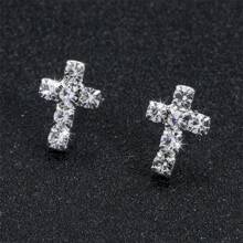1 Pair Minimalist Fashion Elegant Sparkling Diamond Cross Stud Earrings, Versatile For Daily Wear