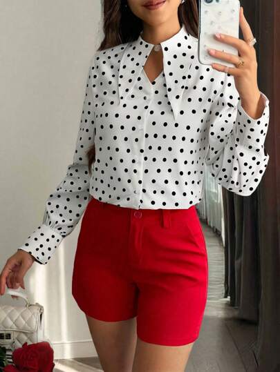 Damska lekka, swobodna, luźna koszula z długim rękawem i wyciętym kołnierzykiem w kształcie jaskółki, z nadrukiem w kropki, odpowiednia na wiosnę/lato, codzienne codzienne wyjścia, wypoczynek na świeżym powietrzu, odzież na wakacje