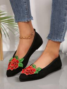 Zapatos planos decorados con flores para mujer, zapatos casuales ligeros de punta afilada para caminar