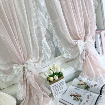 2st fransk prinsessa spets tyll Gardiner för sovrum, randiga blommor rosa spets skira gardiner, fönster heminredning