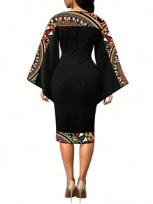 African Dresses For Women Bell Sleeve Print Casual Dress Elegant Nigerian Bodycon Pencil Attire