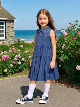 Fashion Denim Tank Dress For Tween Girls, Sleeveless Collar Versatile Mid-Length Dress, Summer 2025 New Arrival