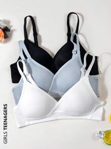 3 piezas Ropa interior simple y femenina para niñas adolescentes con copa triangular sólida, adecuada para edades de 13 a 16 años