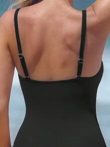 New Arrival Women's Solid Black Spaghetti Strap Beaded Decor Criss-Cross Pleat Minimalist One-Piece Swimsuit, Summer Beach Vacation